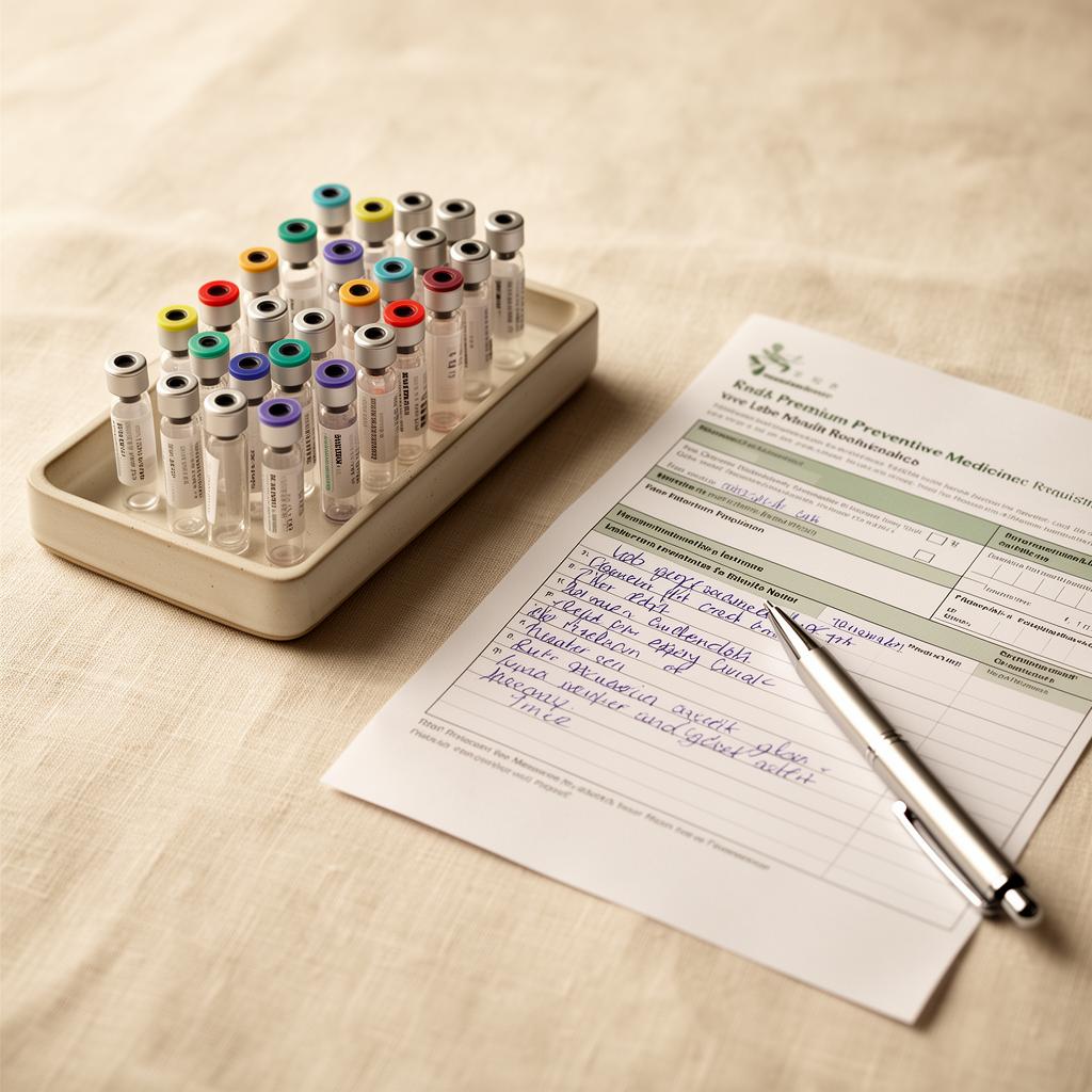 Blood collection vials in a ceramic tray beside a lab requisition with handwritten notes