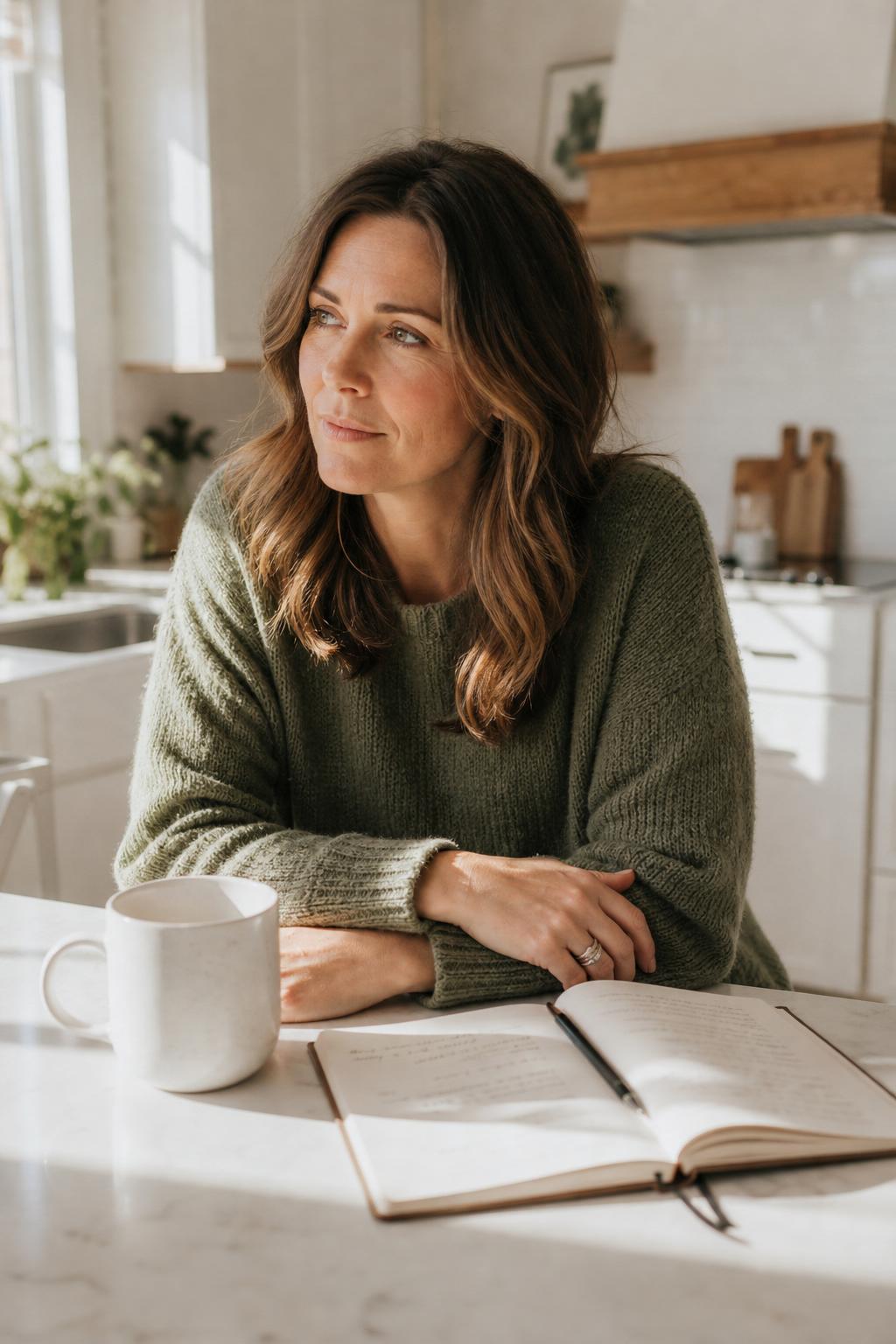 A woman in her early 40s at a sunlit kitchen counter, mid-thought with coffee and a notebook